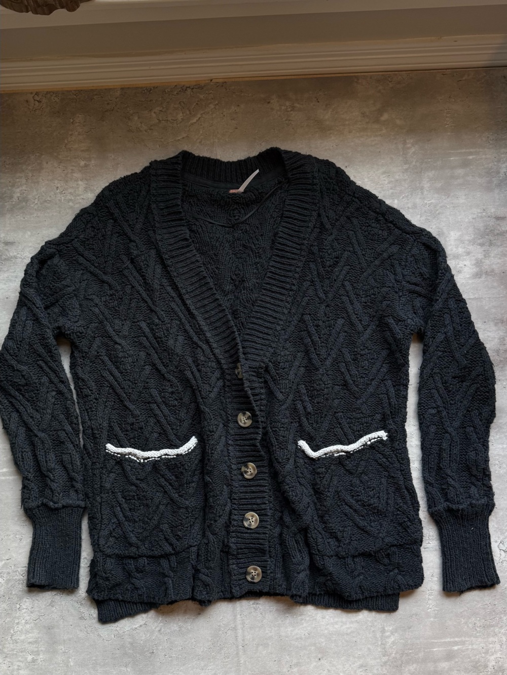 Free People Black Cable Knit Button-Front Cardigan with White Trim